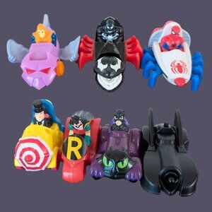 Vintage Superhero Vehicle Lot — Marvel + DC Fast Food Toys (7pc)